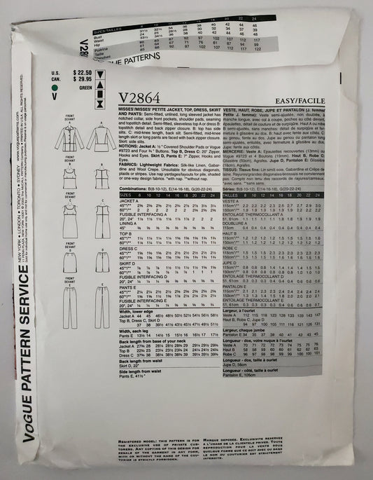 VOGUE PATTERNS, Sewing Pattern V2864, VOGUE WARDROBE, Jacket, Top, Dress, Skirt, Pants, Size 14-18