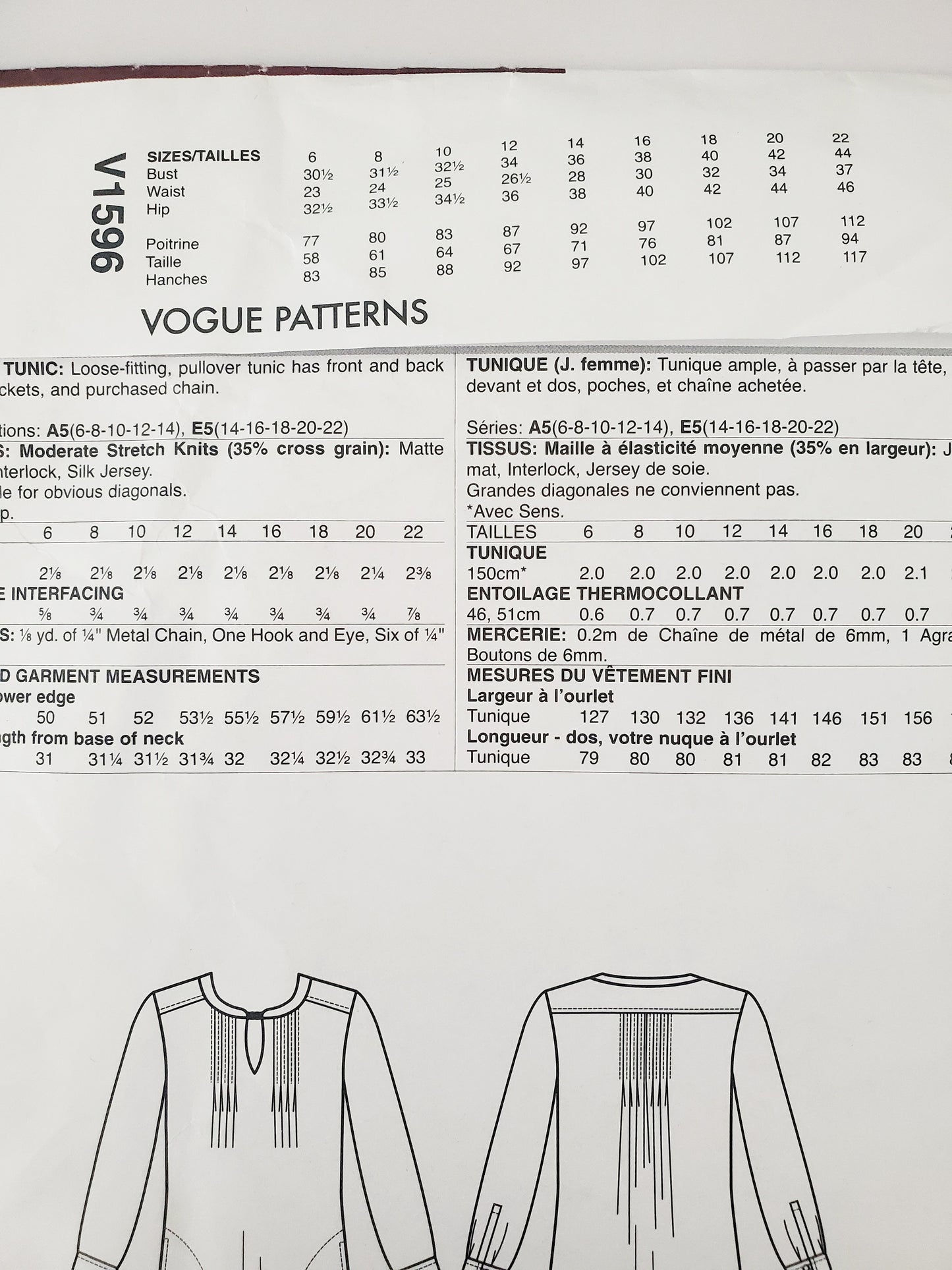 VOGUE PATTERNS, Sewing Pattern V1596, TRACY REESE, NEW YORK, AMERICAN DESIGNER, Tunic, Top, Size 6-14