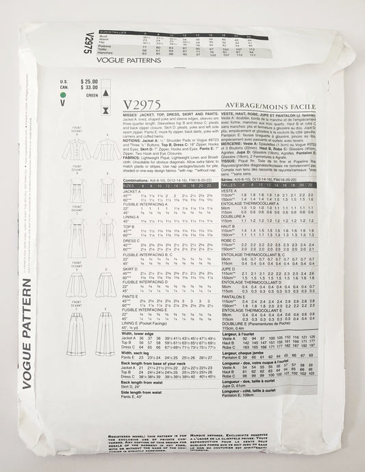 VOGUE PATTERNS, Sewing Pattern V2975, VOGUE WARDROBE, Jacket, Top, Dress, Skirt, Size 18-22