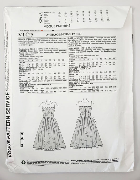 VOGUE PATTERNS, Sewing Pattern V1425, PAMELLA ROLAND, AMERICAN DESIGNER, Dress, Size 6-14