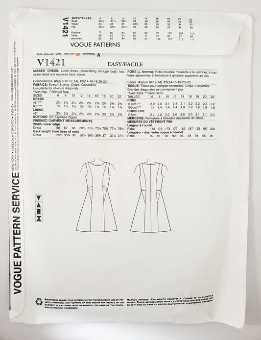 VOGUE PATTERNS, Sewing Pattern V1421, DKNY, DONNA KARAN, NEW YORK, AMERICAN DESIGNER, Dress, Dress with Seam Detail, Size 6-14