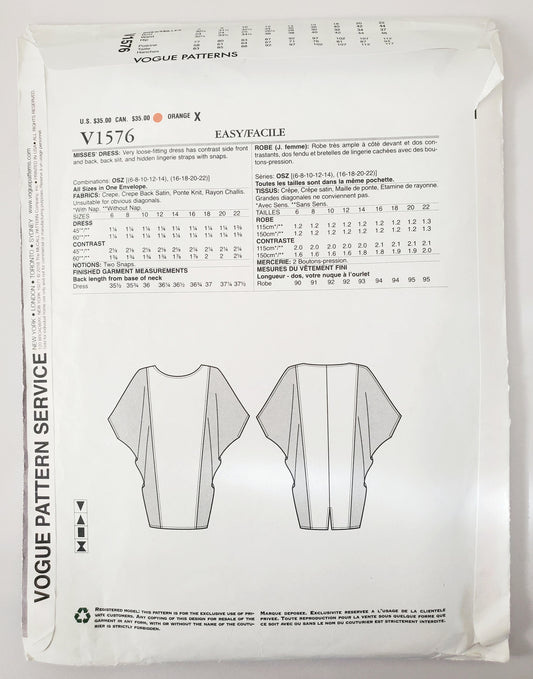 VOGUE PATTERNS, Sewing Pattern V1576, TOM & LINDA PLATT, American Designer, Dress, Loose Fitting Dress, Size 6-22