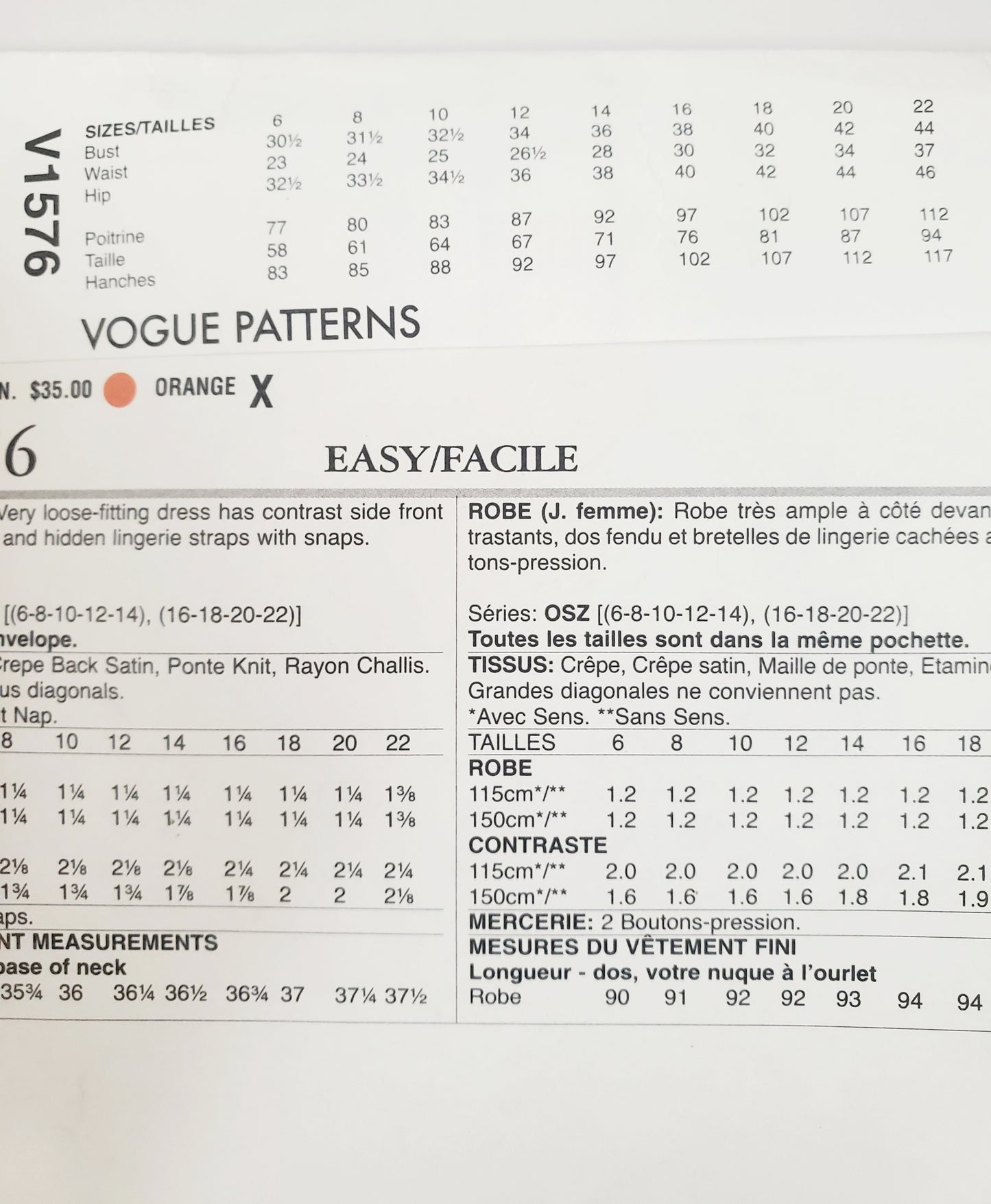 VOGUE PATTERNS, Sewing Pattern V1576, TOM & LINDA PLATT, American Designer, Dress, Loose Fitting Dress, Size 6-22