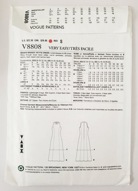 VERY EASY VOGUE Sewing Pattern V8808 Dress with Cut-in Armholes, Turtleneck, Size 6-14