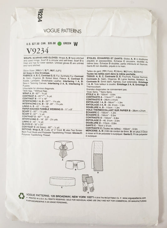 VOGUE Sewing Pattern V9234, Vogue Accessories, Wraps, Scarves, Gloves, With Fur, All Sizes