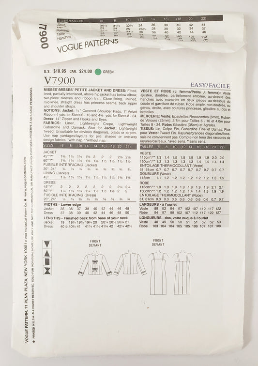 VOGUE Sewing Pattern V7900 Jacket, Dress, The Vogue Woman, Size 12-16