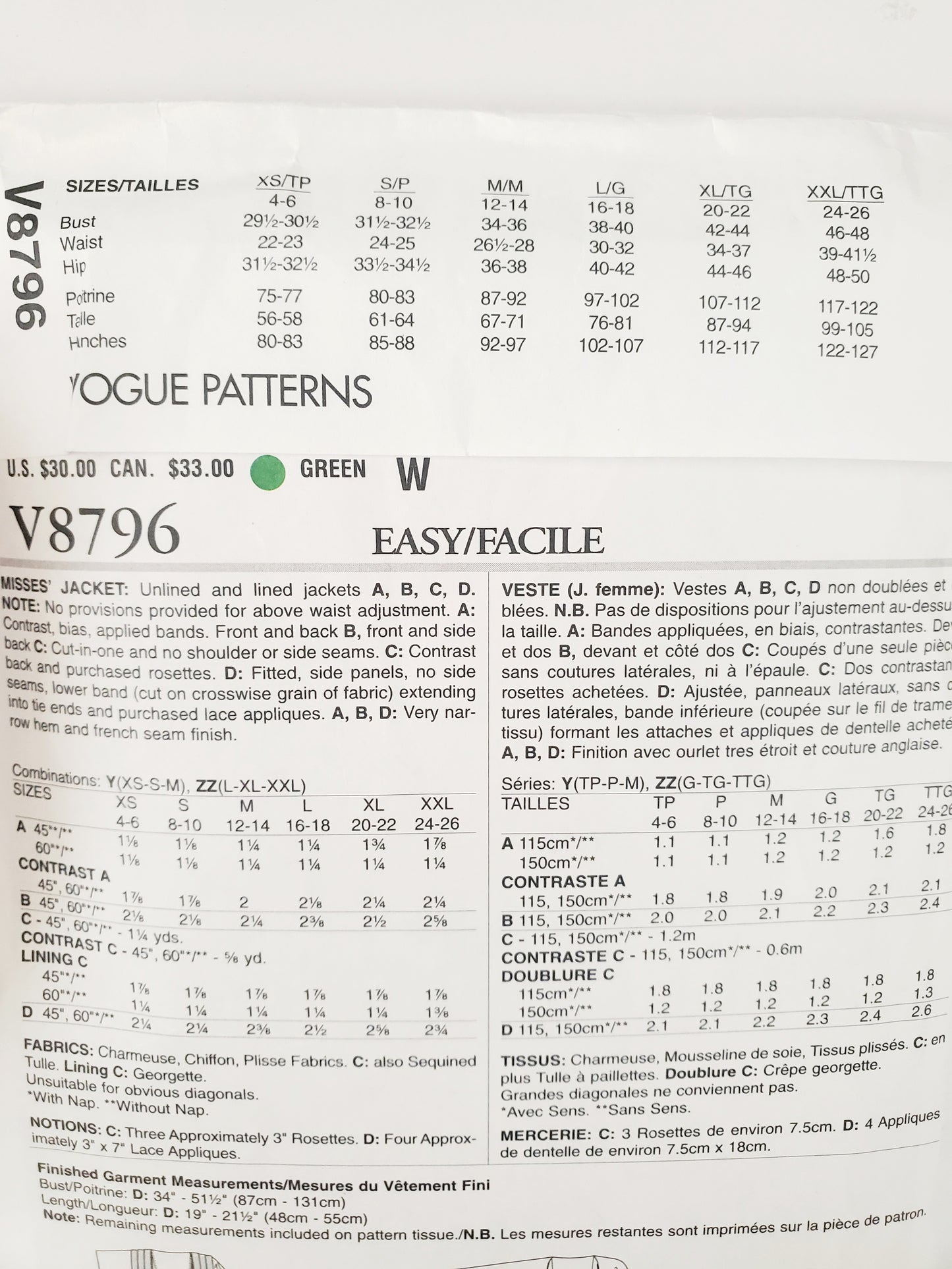 VOGUE Sewing Pattern V8796, AMERICAN DESIGNER, Elizabeth Gillett NYC, Jacket Size 4-14