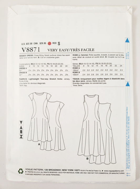 VERY EASY VOGUE Sewing Pattern V8871, Close Fitting, Flared Dress. Size 8-16