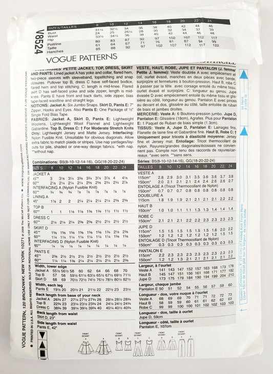 VOGUE Sewing Pattern V8524, Jacket, Top, Dress, Skirt, Pants, Size 8-16