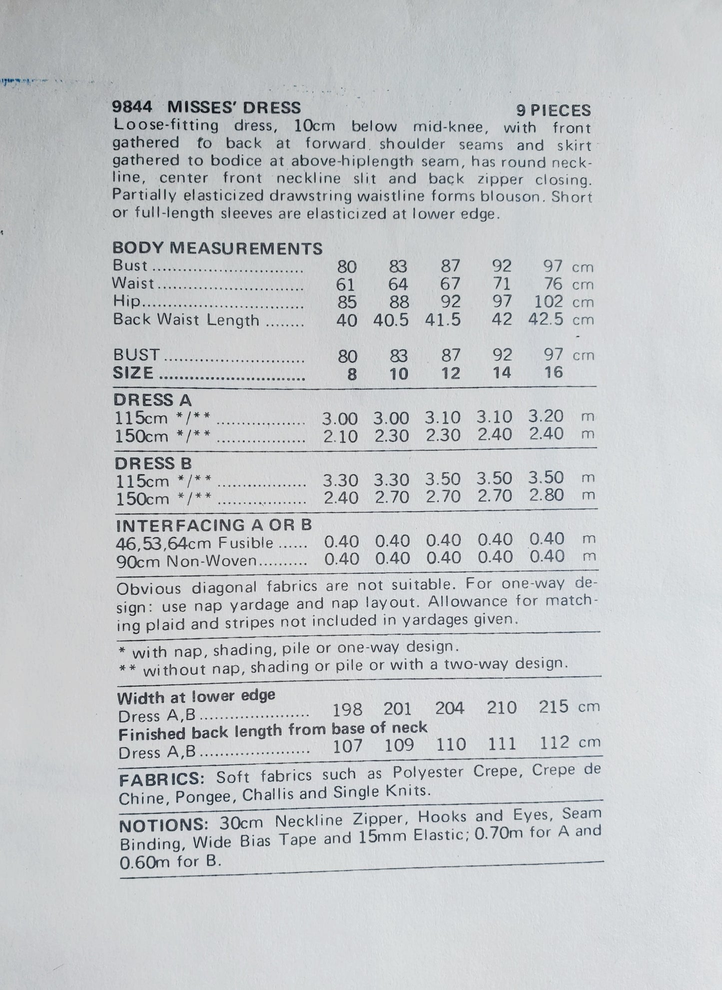 VERY EASY VERY VOGUE Sewing Pattern 9844, Dress with Elasticized Drawstring Waistline, Size 10