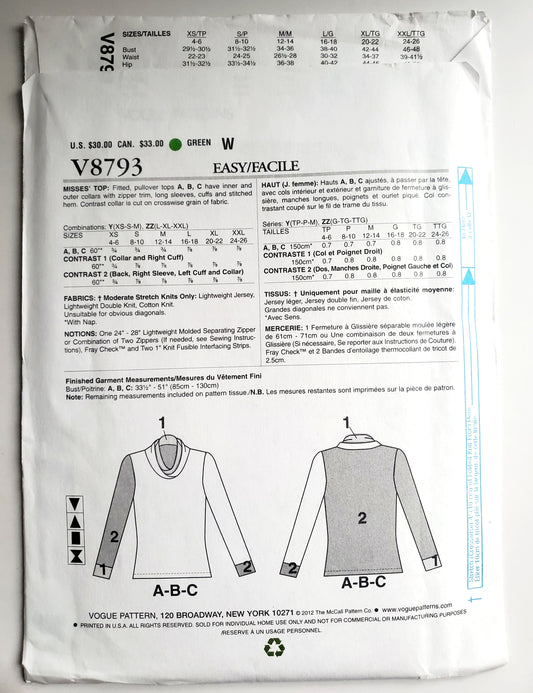VOGUE Sewing Pattern V8793, DESIGNER ORIGINAL, Fitted Pullover Tops, Contrast Collar, Size 4-14 (Copy)