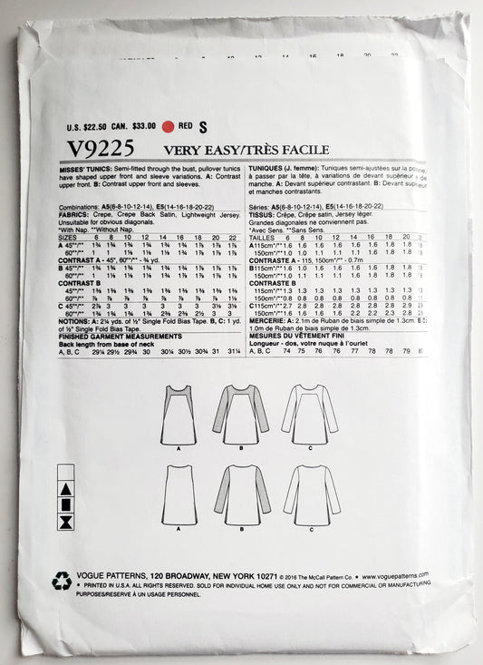 VERY EASY VOGUE Sewing Pattern V9225, Semi-Fitted Tunics, Shaped Tunics, Size 6-14