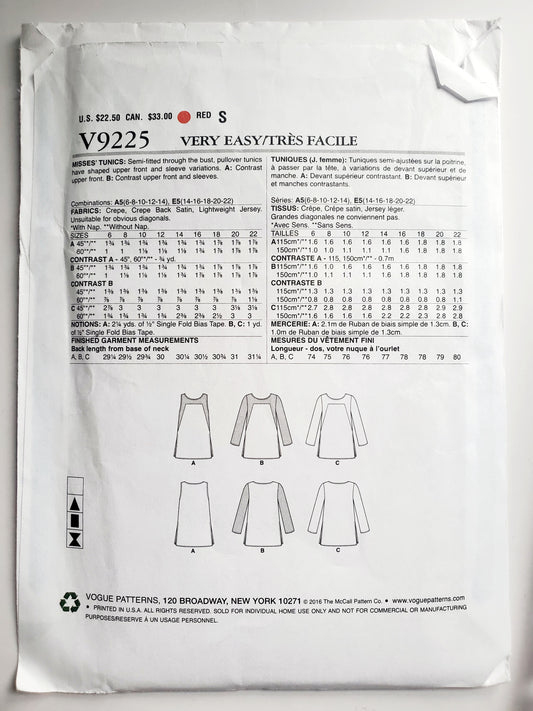 VERY EASY VOGUE Sewing Pattern V9225, Semi-Fitted Tunics, Shaped Tunics, Size 14-22