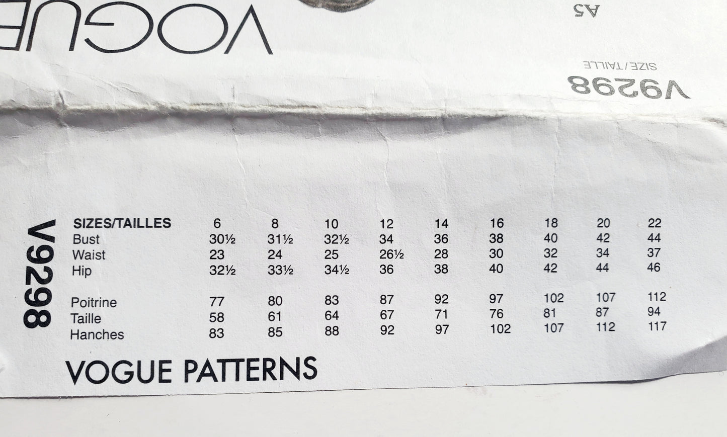 VOGUE Sewing Pattern V9298, Bodysuit, Short Sleeves, Sleeveless and Long Sleeve Variations, Size 6-14