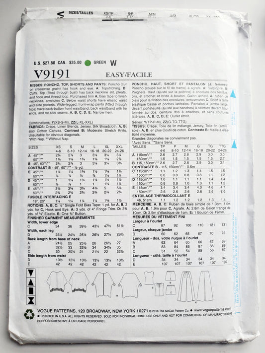 VOGUE Sewing Pattern V9191, Poncho, Top, Shorts, Pants, Five Easy Pieces, Size 4-14