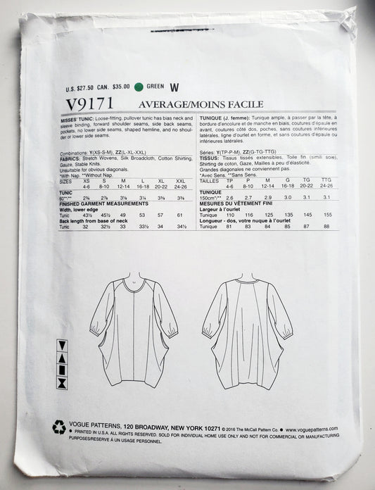 VOGUE Sewing Pattern V9171, Tunics, Marcy Tilton, Designer Original, Size 4-14