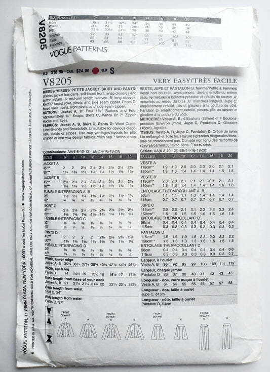 VERY EASY VOGUE Sewing Pattern V8205, Unlined Jacket, Skirt, Pants, Size 14-20