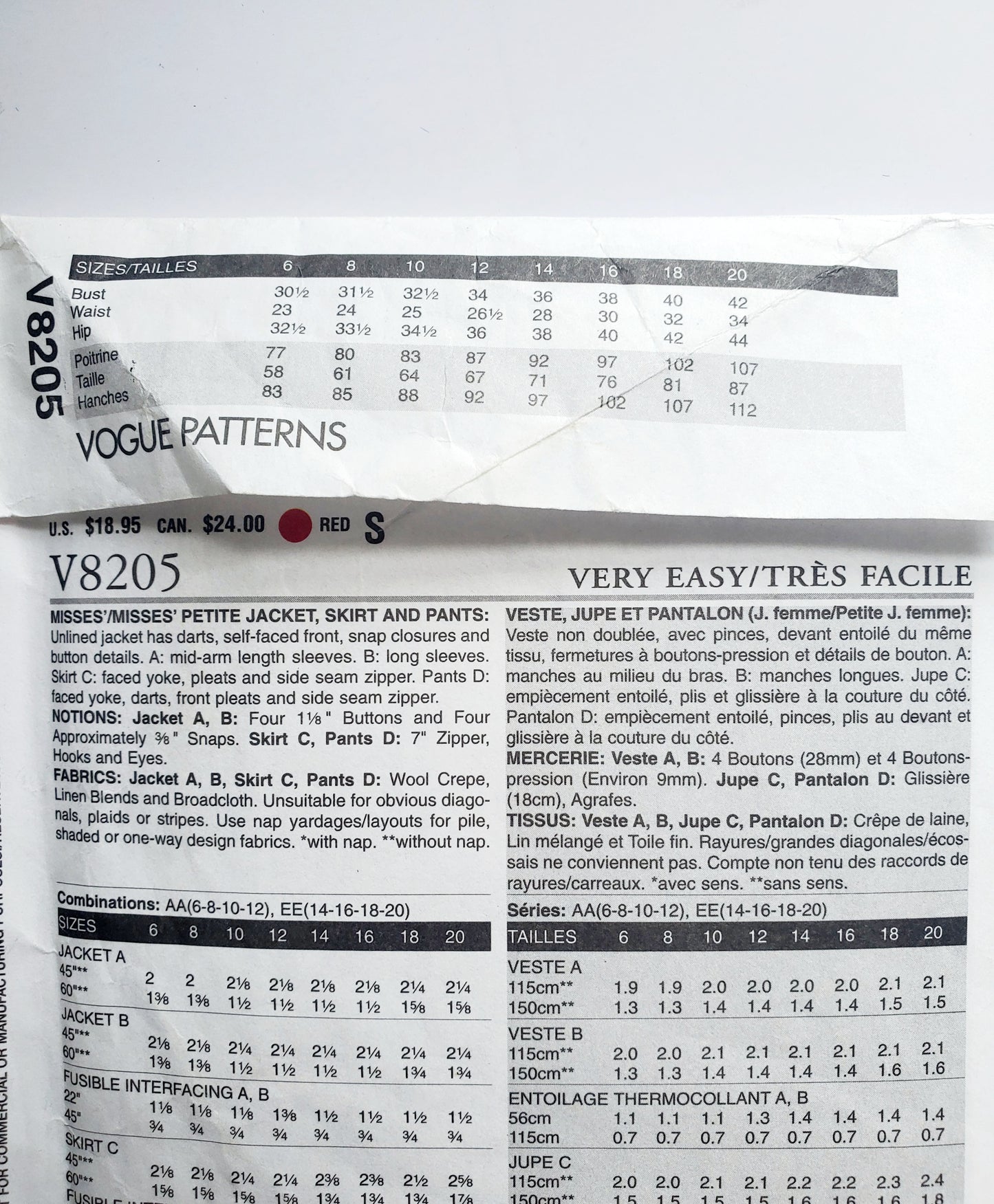 VERY EASY VOGUE Sewing Pattern V8205, Unlined Jacket, Skirt, Pants, Size 14-20