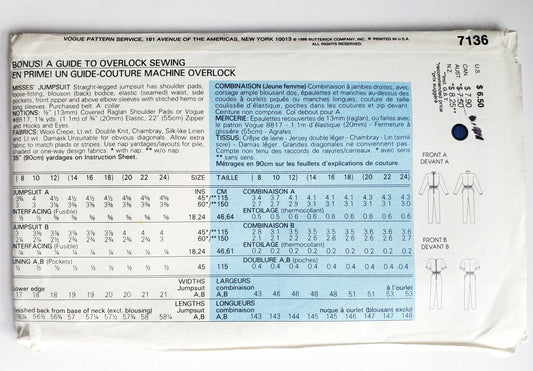 VERY EASY VERY VOGUE Sewing Pattern 7136 Jumpsuit with Straight Legs, Size 20-24