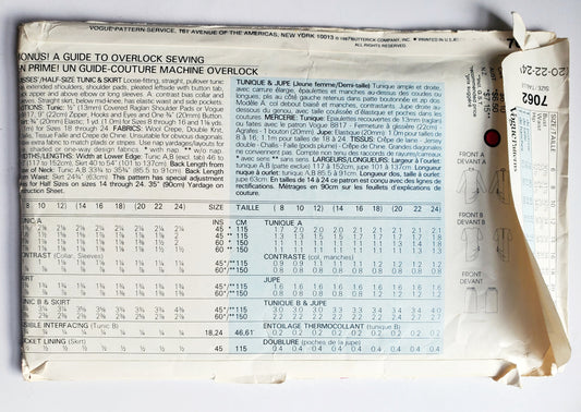 VERY EASY VERY VOGUE Sewing Pattern 7062 Tunic & Skirt, Size 20-24