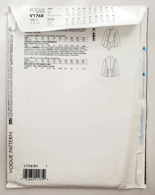 VOGUE PATTERNS, Sewing Pattern V1768, Tops with Peplum, Asymmetrical Seaming, Notch Collar, Size 8-16