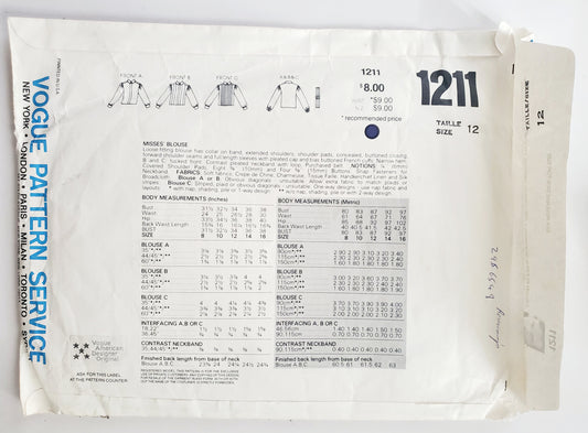 VOGUE Sewing Pattern 1211 CALVIN KLEIN, AMERICAN DESIGNER, Loose Fitting Blouse, Top, Shirt Size 12