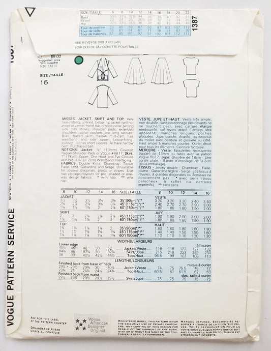 VOGUE Sewing Pattern 1387, MERICAN DESIGNER, JOHN ANTHONY, Jacket, Flared Skirt, Top Size 16
