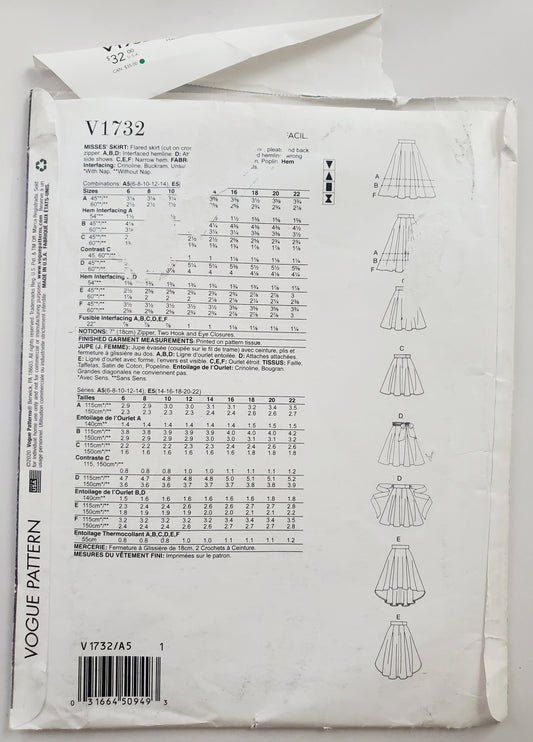 VOGUE PATTERNS, Sewing Pattern V1732, Skirt, Flared Skirt, Pleats, Wide Waistband, Size 6-14