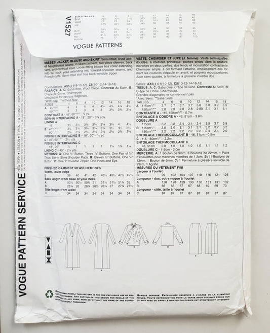VOGUE PATTERNS, Sewing Pattern V1527, PACO PERALTA BARCELONA, DESIGNER ORIGINAL, Jacket, Blouse, Skirt, Size 10-18