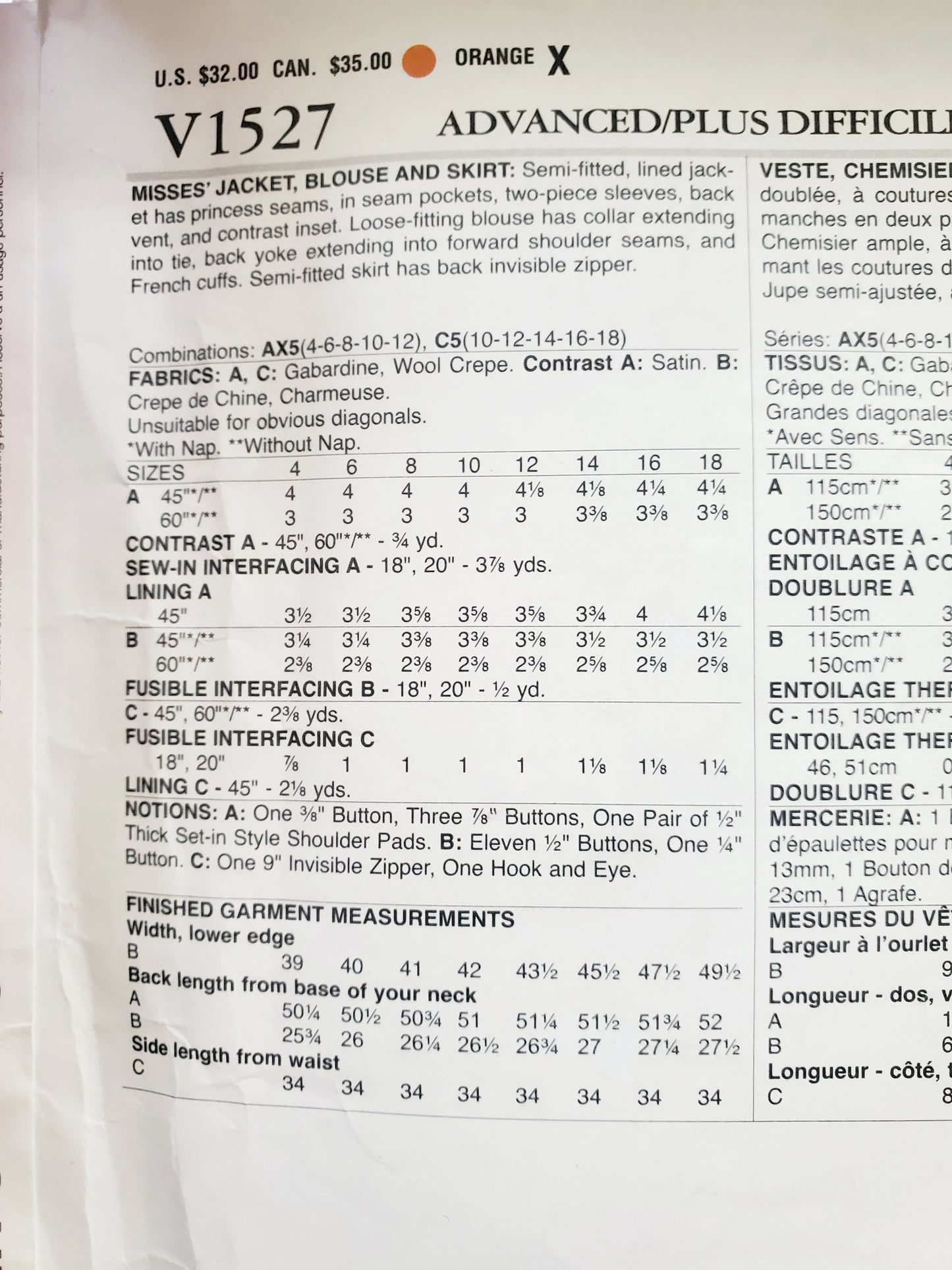 VOGUE PATTERNS, Sewing Pattern V1527, PACO PERALTA BARCELONA, DESIGNER ORIGINAL, Jacket, Blouse, Skirt, Size 10-18