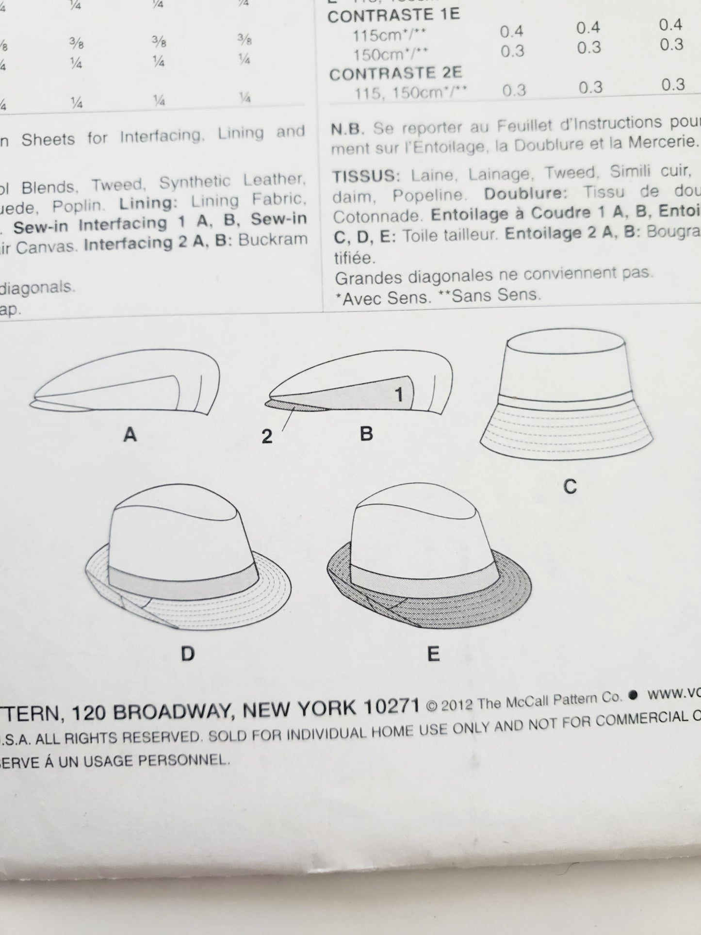 VOGUE Sewing Pattern V8869, Men's Hats, Lined Hats, All Sizes, Vogue Accessories