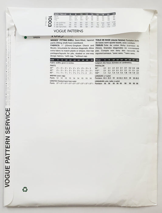 VOGUE Sewing Pattern 1003 Misses Fitting Shell for Tapered Pants Size 12
