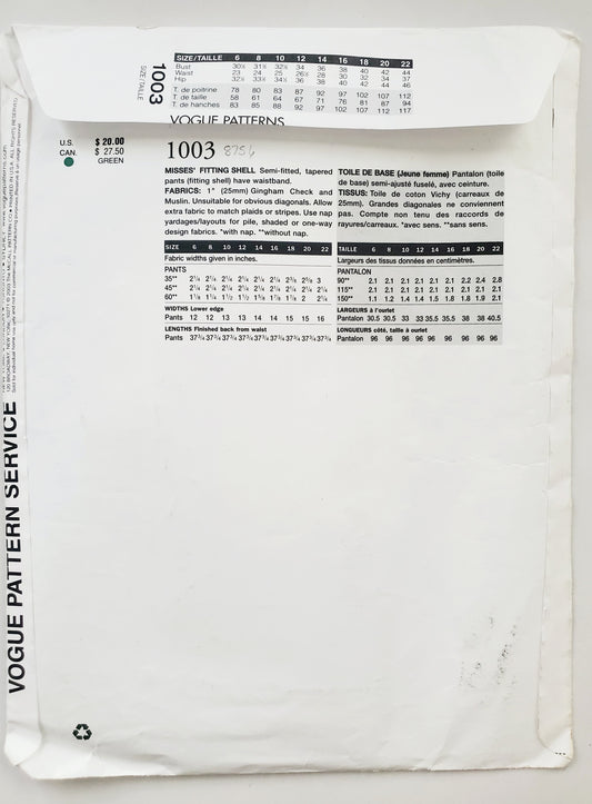 VOGUE Sewing Pattern 1003 Misses Fitting Shell for Tapered Pants Size 20