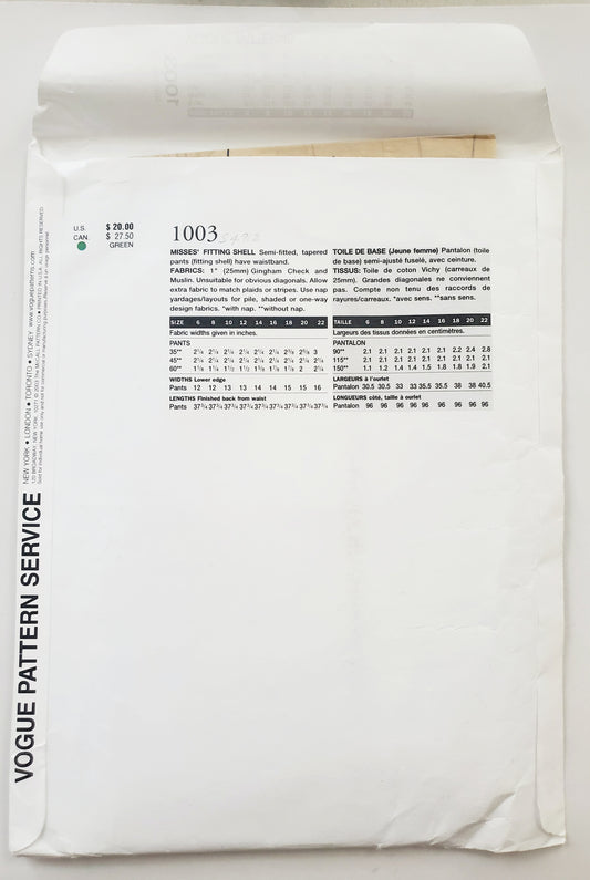 VOGUE Sewing Pattern 1003 Misses Fitting Shell for Tapered Pants Size 10