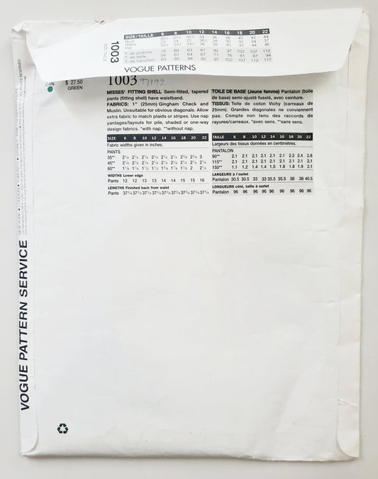 VOGUE Sewing Pattern 1003 Misses Fitting Shell for Tapered Pants Size 10