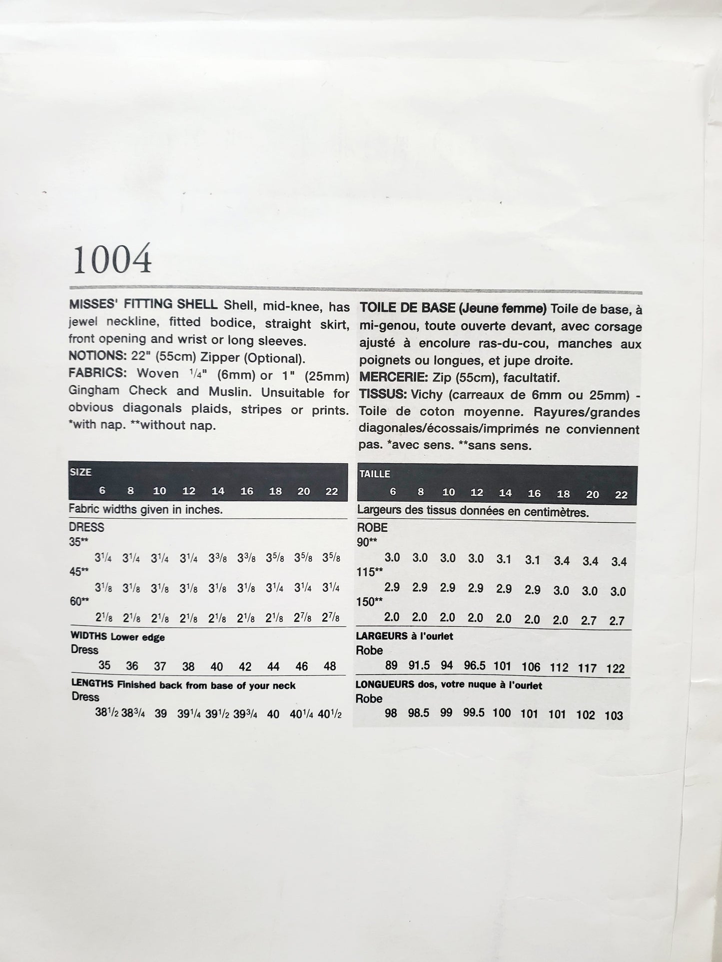 VOGUE Sewing Pattern 1004 Misses Fitting Shell, Dress & Skirt Size 6