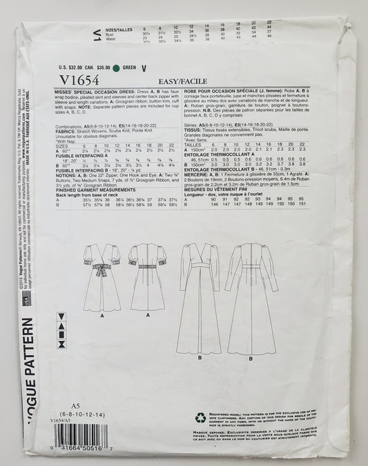VOGUE PATTERNS, Sewing Pattern V1654, Dress, Special Occasion Dress, Size 6-14