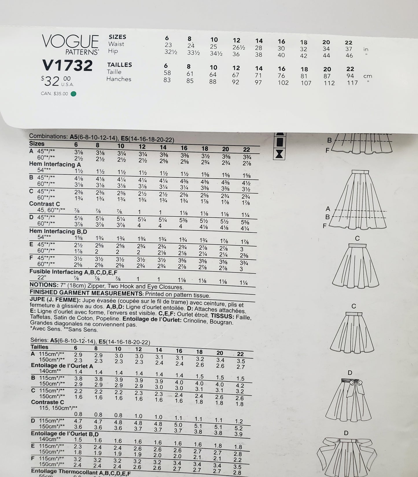 VOGUE PATTERNS, Sewing Pattern V1732, Skirt, Flared Skirt, Pleats, Wide Waistband, Size 14-22