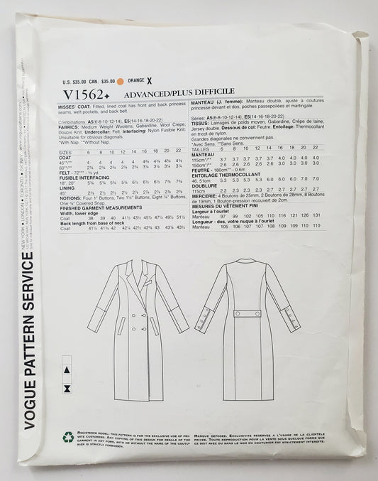 VOGUE PATTERNS, Sewing Pattern V1562, LIALIA BY JULIA ALARCON, DESIGNER ORIGINAL, Coat, Fitted Coat, Lined Coat, Size 14-22