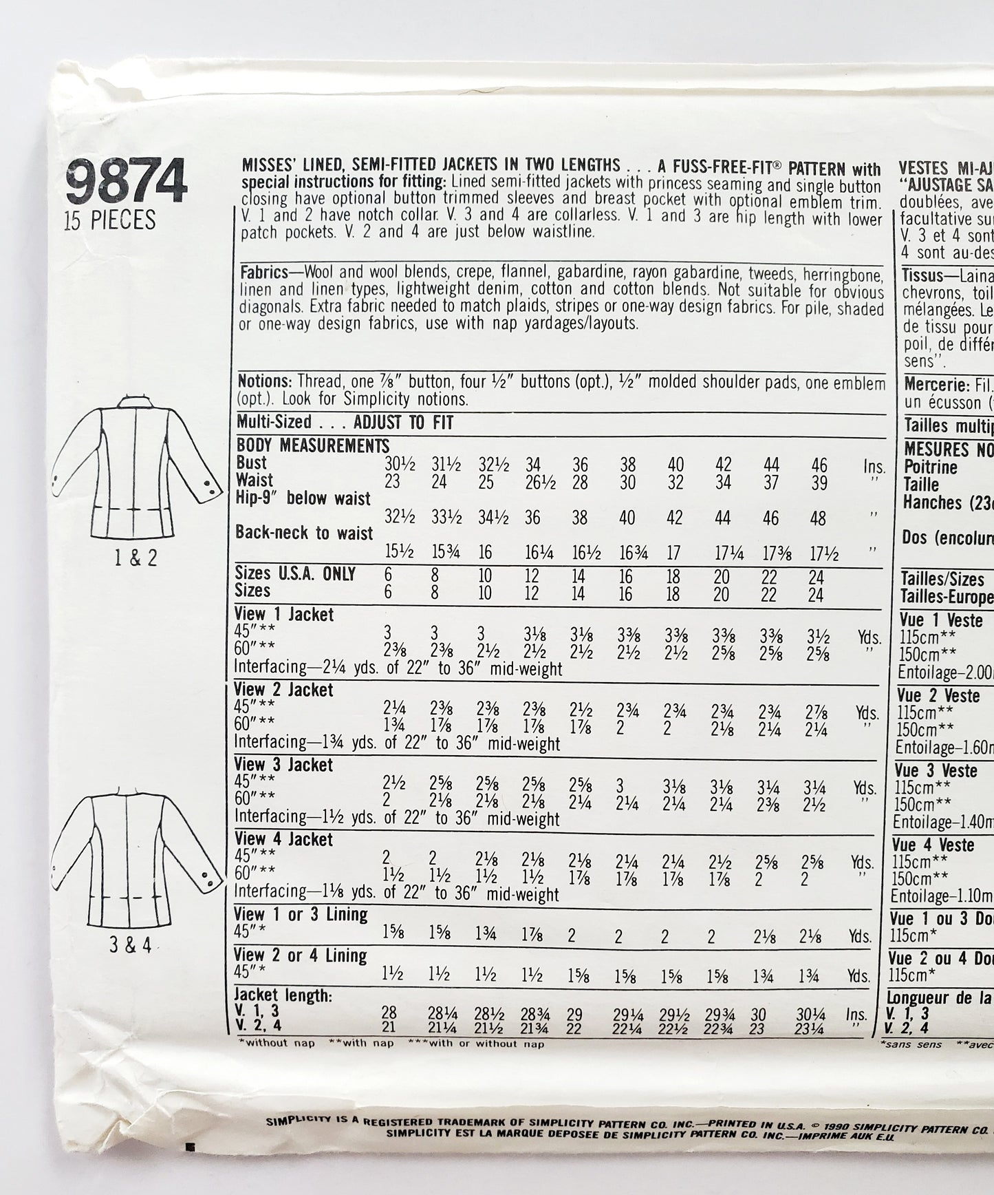 SIMPLICITY Sewing Pattern 9874, Jacket, Lined, Semi-Fitted, Size 10-18