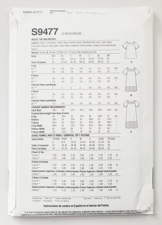 SIMPLICITY Sewing Pattern S9477, Top, Dresses, Size 4-26