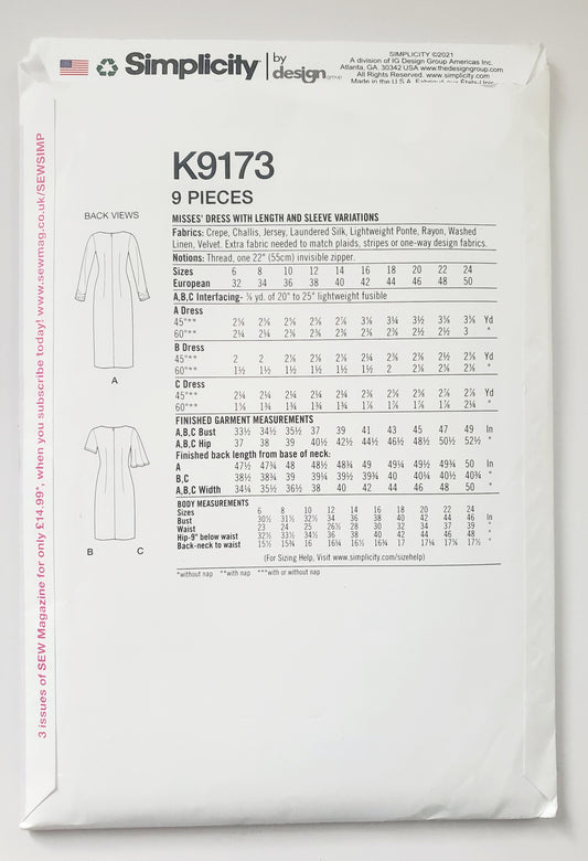 SIMPLICITY Sewing Pattern K9173, Dress, Slit, Sleeve Variations, Size 6-14