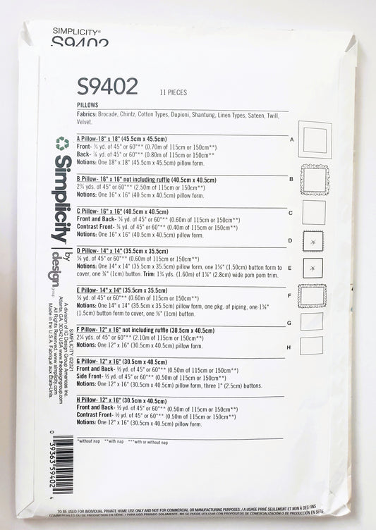 SIMPLICITY Sewing Pattern S9402, Pillows, Eight Variations