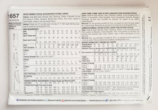 SIMPLICITY Sewing Pattern 1657 Special Occasion Dress SIZE 8-16