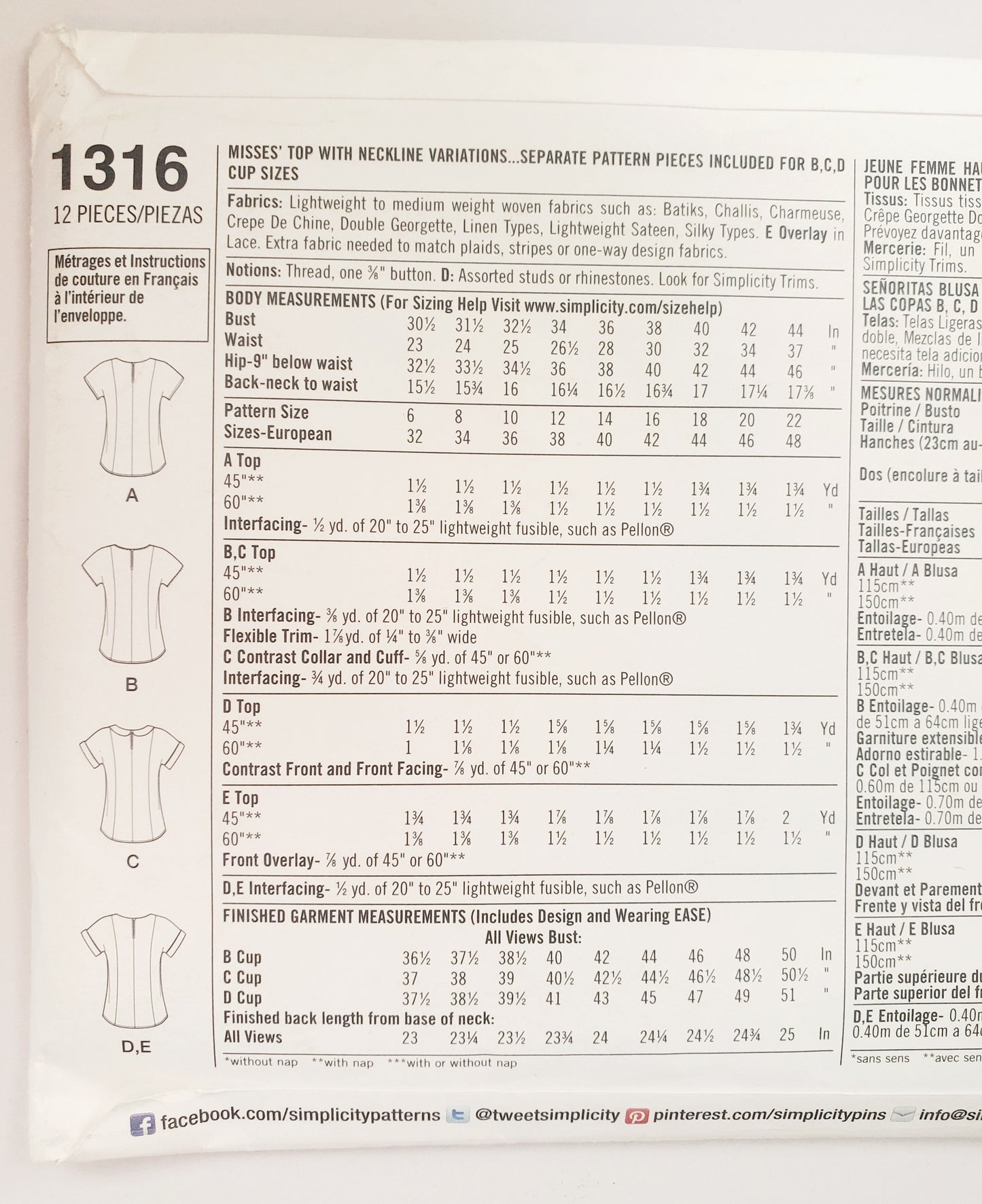 SIMPLICITY Sewing Pattern 1316 Tops with Neckline Variations/ SIZE 6-14