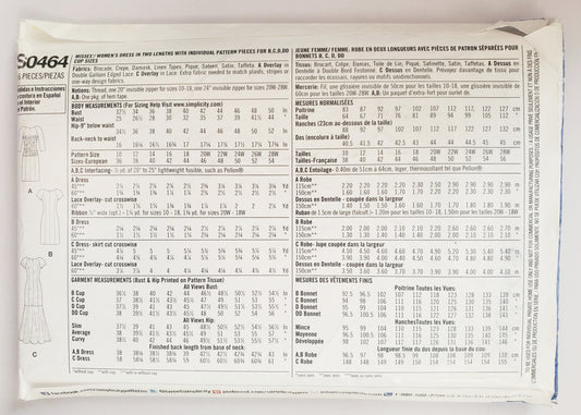 SIMPLICITY Sewing Pattern S0464, Dress, Amazing Fit, Lace Overlay, Size 10-18