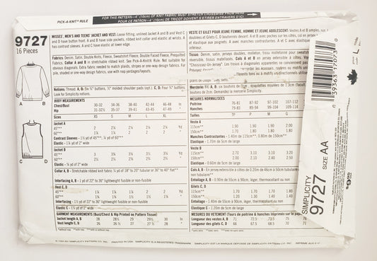 SIMPLICITY Sewing Pattern 9727, Unisex, Men's, Women's, Teens, Jacket & Vest, Ribbed Knit Collar, Unlined Jacket, Size XS-M