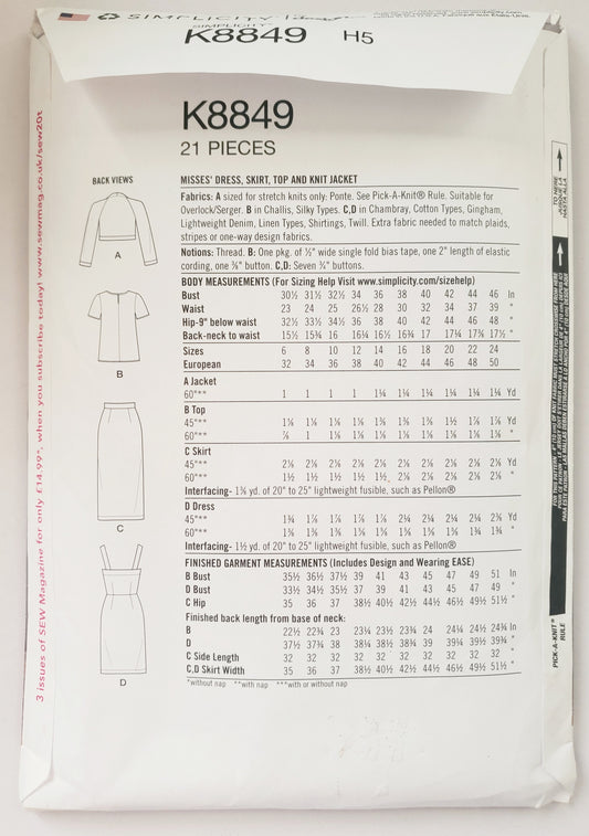 SIMPLICITY Sewing Pattern K8849, Dress, Skirt, Top, Jacket, Size 6-14