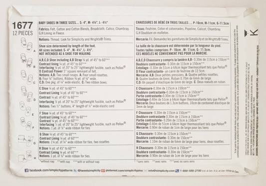 SIMPLICITY Sewing Pattern 1677 Felt, Cotton, Fleece Baby Shoes. Baby SIZE S, M, L