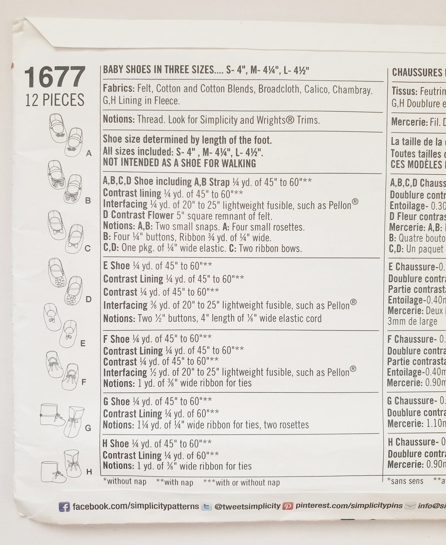 SIMPLICITY Sewing Pattern 1677 Felt, Cotton, Fleece Baby Shoes. Baby SIZE S, M, L
